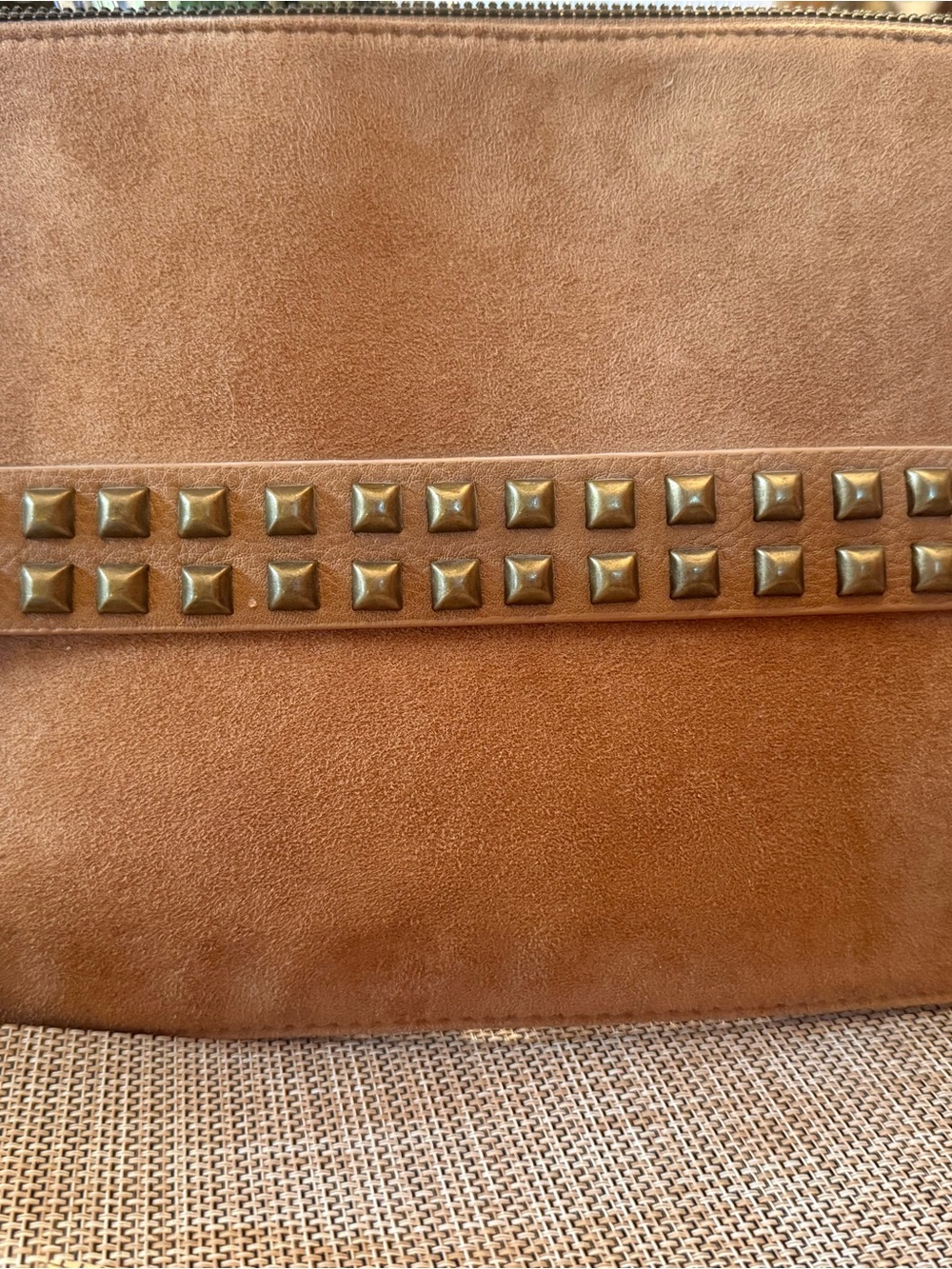Carlos Santana Studded Suede Clutch in Warm Camel